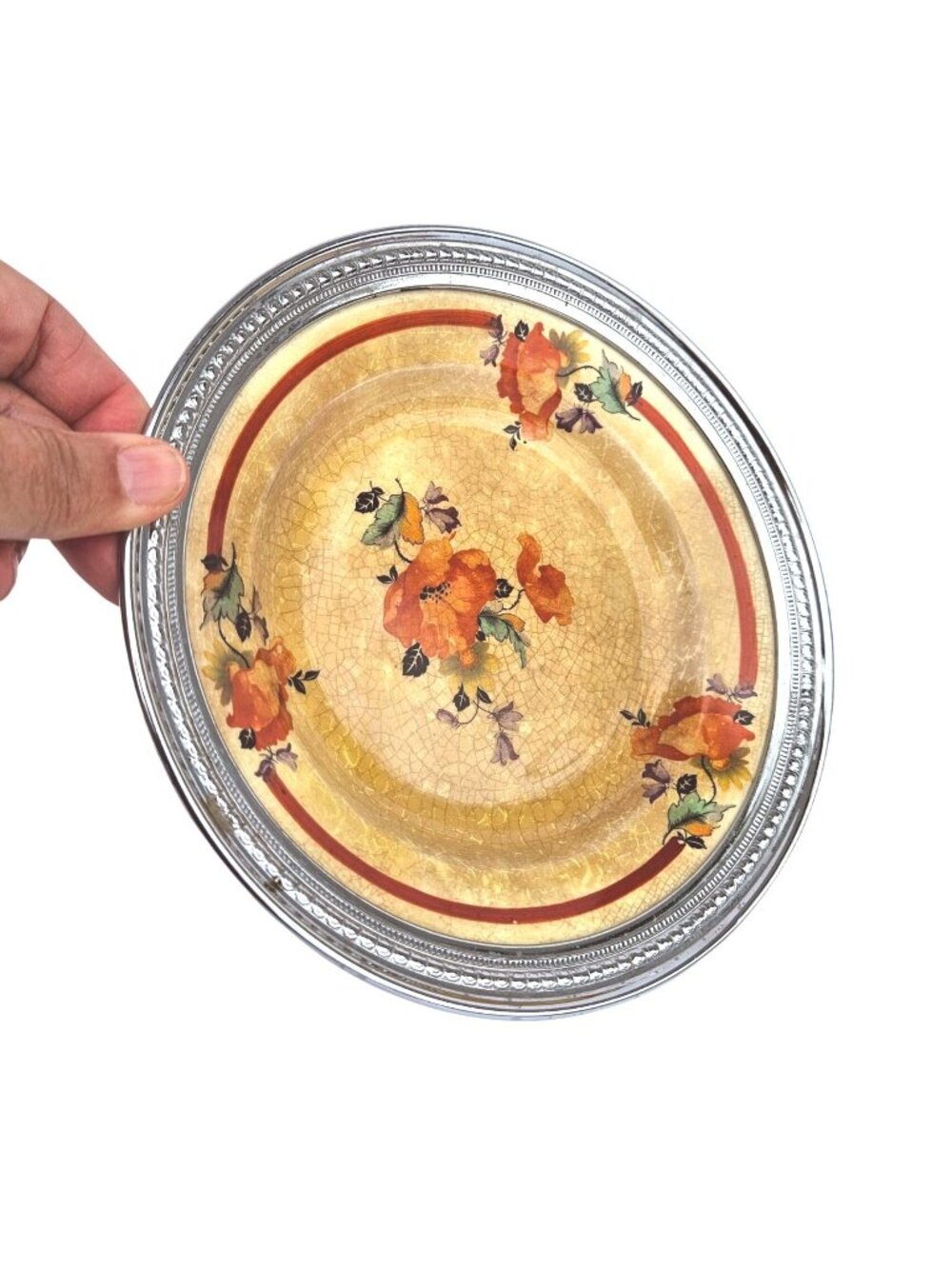 Vintage Farber Bros NYC Chrome Rim Ceramic Bowl Poppies Art Deco Crazing Krome